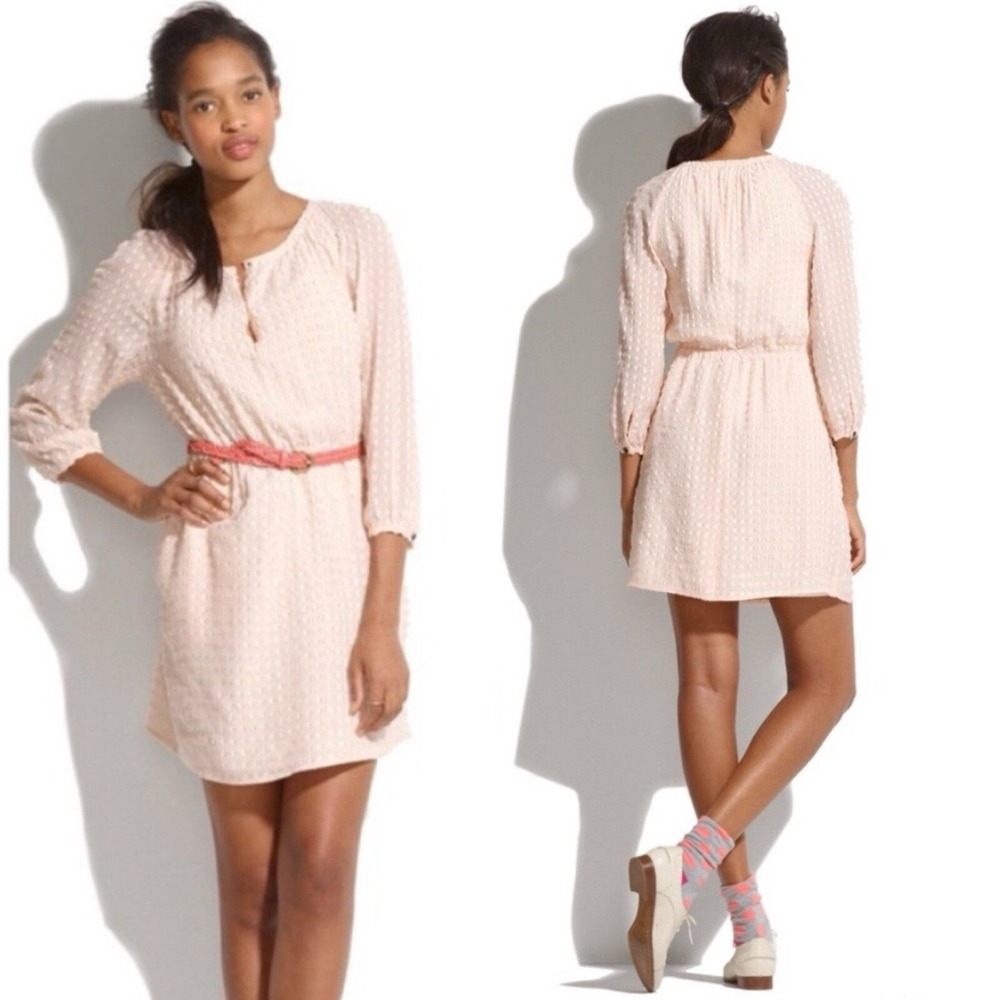 Madewell Clip Dot Preppy Boho Peasant Dress Blush Pink Silk Blend Sz 4